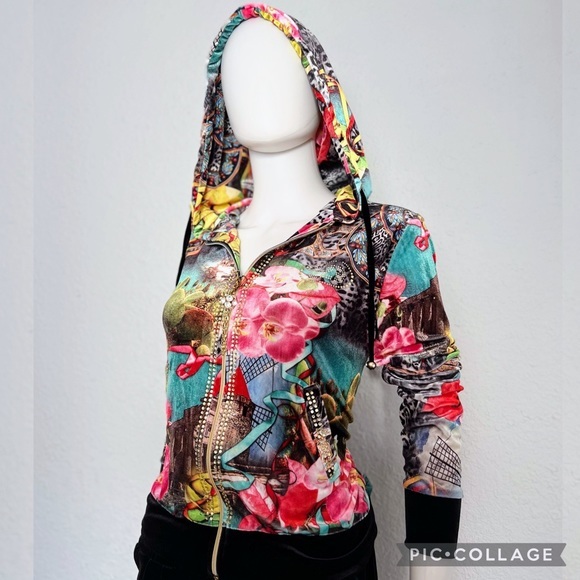WOMEN VELOUR TRACKSUIT 2P SET JACKET/BLACK PANTS LOUNGEWEAR FLORAL PRINT HOODED‎ - Picture 7 of 12